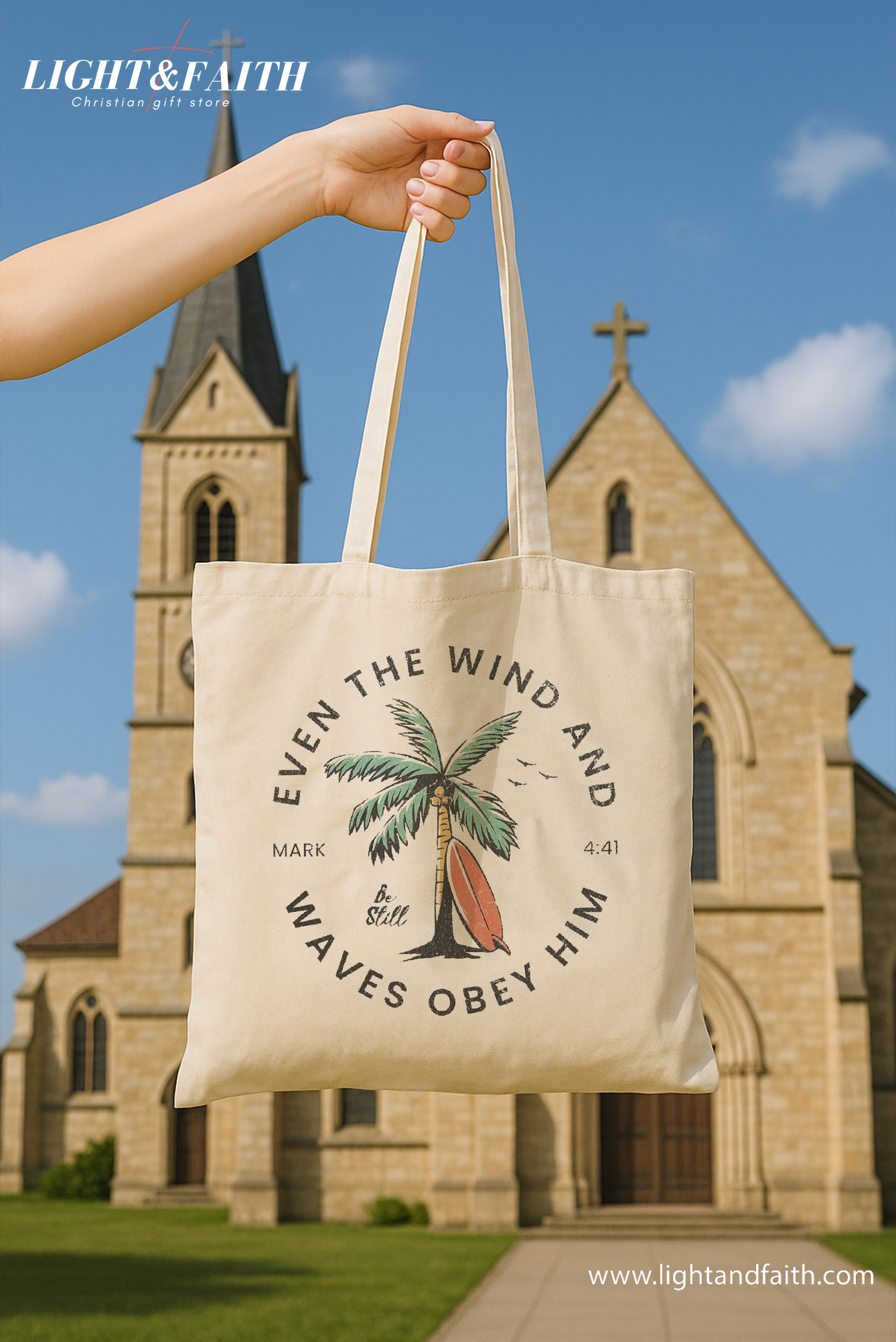Christian Tote Bag Mark 4:41, Even the Wind and Waves Obey Him Bag, Be Still Bible Verse Tote, Scripture Beach Faith Canvas Bag TBLAF34